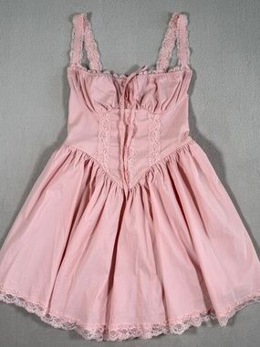 Parthea Dress Womens Small Pink Corset Lace Trim Tie Front Mini Coquette NWT